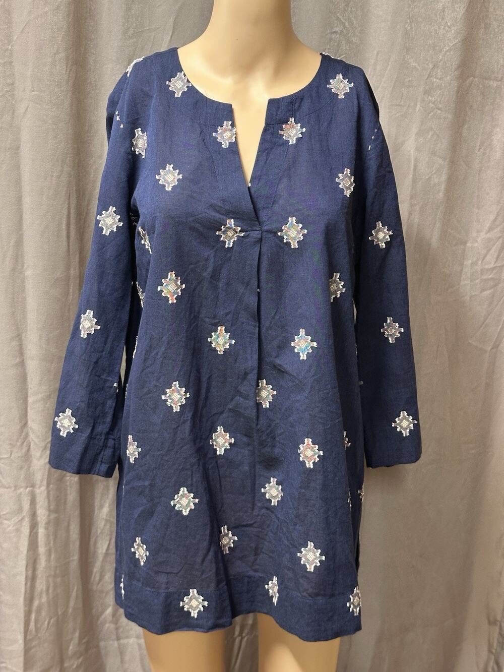 Pure Jill Henley Top Navy Blue Pink Tunic SZ Small Cotton